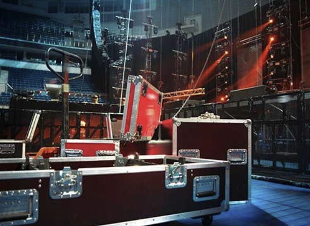 Production cases staged inside a concert hall